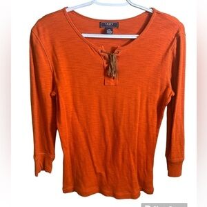 CHAPS Denim 100% Cotton 3/4 Sleeve Leather Lace Front Henley Tee Size Small